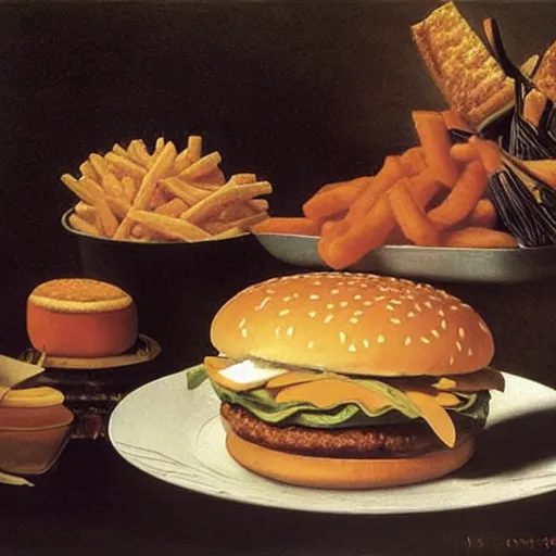Image similar to mcdonalds big mac value meal advertisement, painting by caravaggio