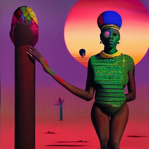 Image similar to an african queen activating her 3rd eye in a solarpunk village by karel thole and amanda sage in a surreal portrait style, oil on canvas, 8k