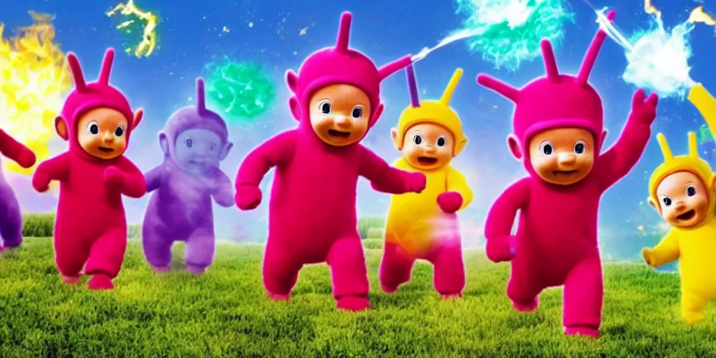 Prompt: teletubbies running on the string destroying everything with a flamethrower.