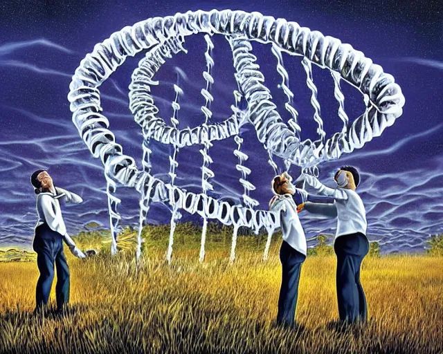 Image similar to in a field, two scientists in lab coats encounter a monster shaped like the DNA double helix, stormy weather, by Rob Gonsalves