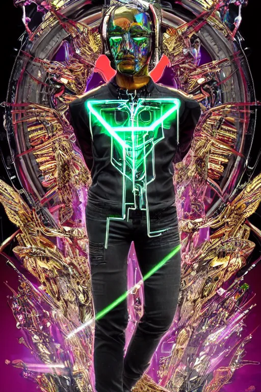 Image similar to full-body cyberpunk style chrome sculpture of a young handsome Latino prince as a half android with a chest opening exposing circuitry and electric sparks, glowing laser beam eyes, crown of giant diamonds, flowing neon-colored silk, fabric, raptors. baroque elements. full-length view. baroque element. intricate artwork by caravaggio. many many birds birds on background. Trending on artstation, octane render, cinematic lighting from the right, hyper realism, octane render, 8k, depth of field, 3D