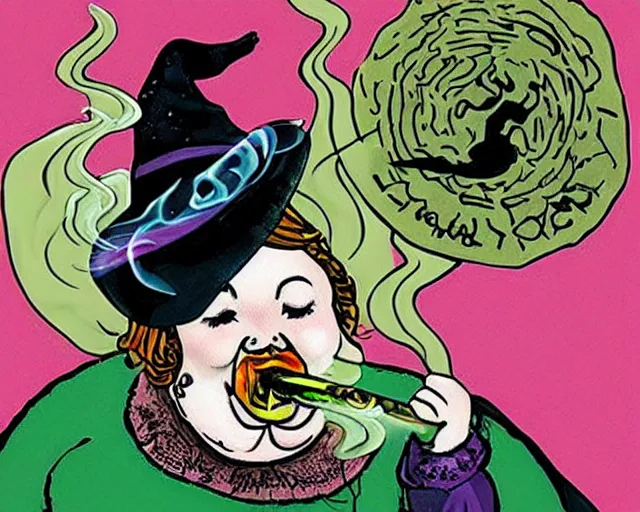 Image similar to fat witch smokin bong. the witch is smoking a bong.