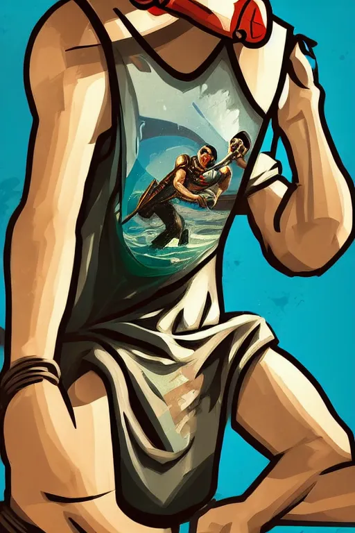 Image similar to boy with singlet tshirt and towel on shoulder. bioshock art style, grand theft auto chinatown art style, pop art, dynamic proportional, digital painting, artstation, concept art, smooth, sharp focus, illustration, intricate, hyperdetails, art by richard hamilton and mimmo rottela, pixels art by paul robertson