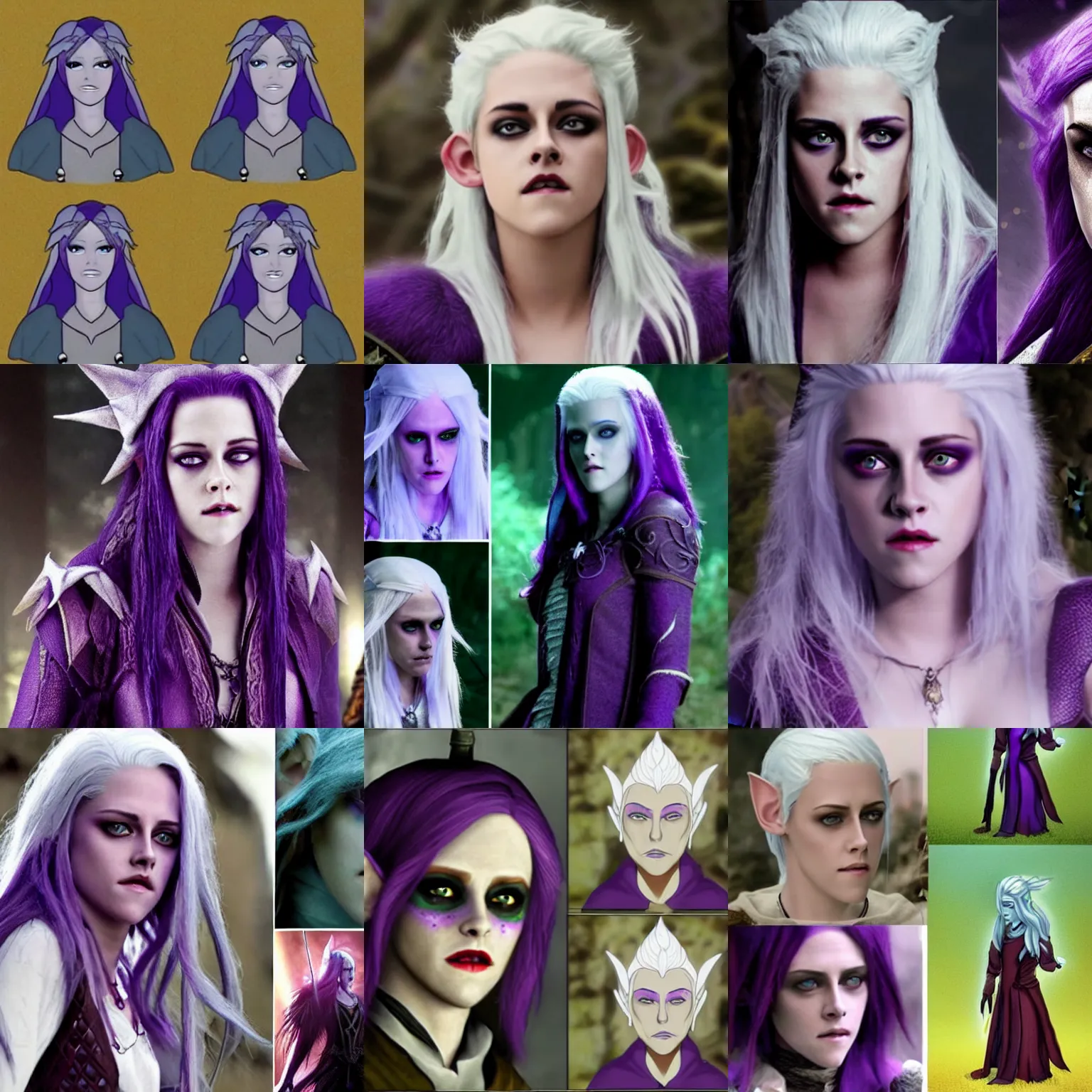 Prompt: Kristen Stewart as a Drow Elf wizard with white hair and purple skin. Screenshots from the D&D movie adaptation.