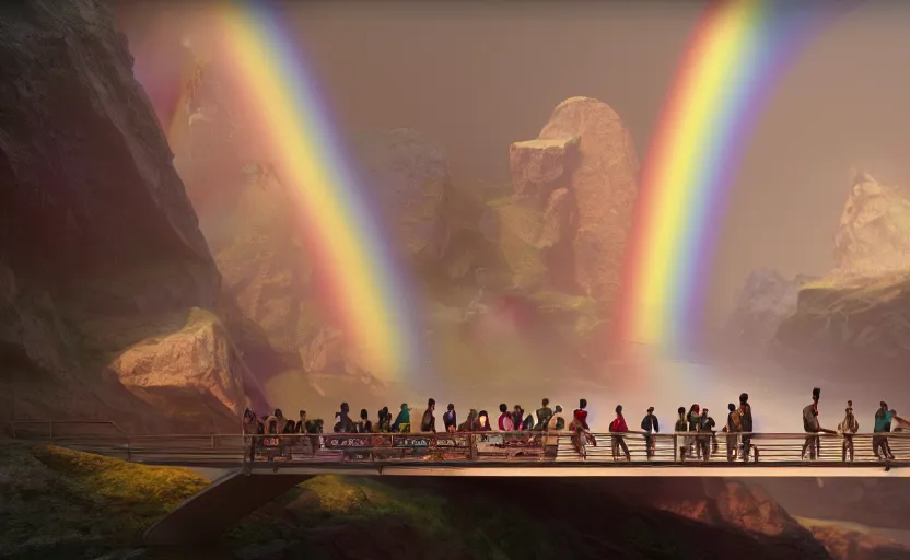 Prompt: incredible, mindblowing, refugees crossing a bridge made of rainbow, matte painting, makoto shinkai, artstation, cgsociety, dramatic lighting, concept art, octane render, arnold 3 d render