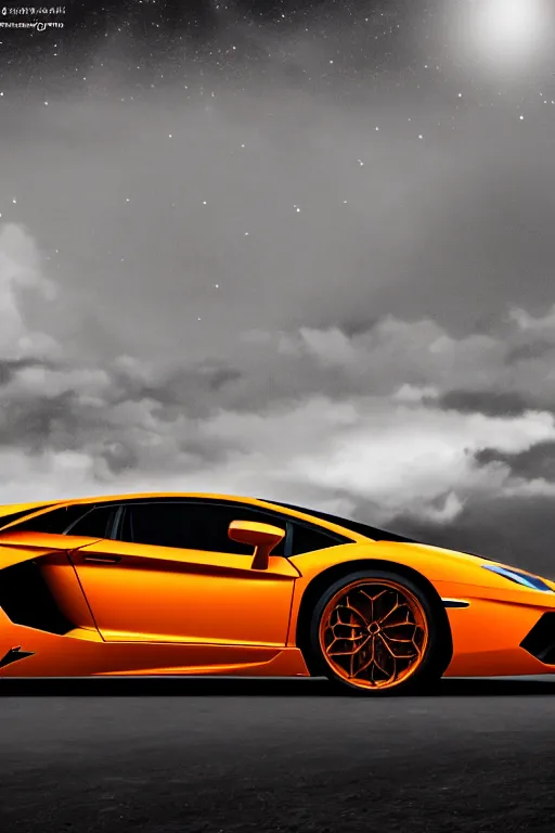 Image similar to Lamborghini Aventador S, photorealistic, high resolution, award winning, trending on artstation, moon, highly detailed, night, volumetric lighting