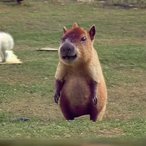 Prompt: photo taken on a bad camera of a capybara dressed as a kid looking bad and with envy at the camera