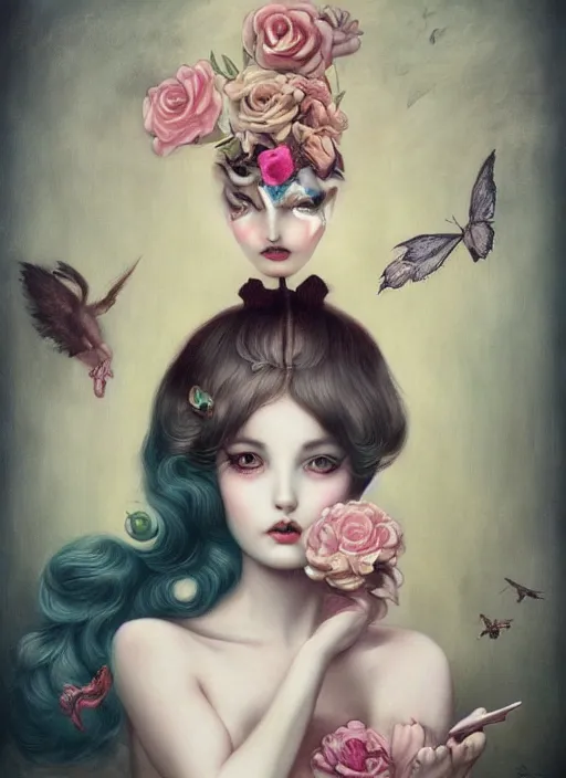 Prompt: pop surrealism, lowbrow art, realistic cute seductive feminine girl painting, japanese street fashion, hyper realism, muted colours, rococo, natalie shau, loreta lux, tom bagshaw, mark ryden, trevor brown style,