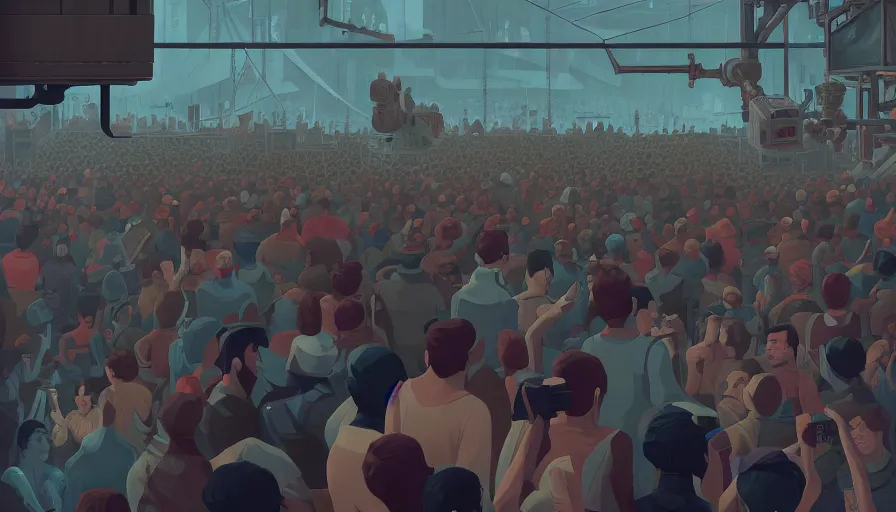 Image similar to a beautiful highly detailed matte painting close up of a crowd watching a boxing match with robots in a factory, punk styling by atay ghailan, cliff chiang, loish and goro fujita, silver, silver, brown, black, blue and cyan mystical tones, featured on artstation, featured on behance, grunge aesthetic