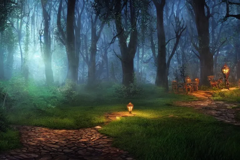 Image similar to An enchanted forest at night, beautiful landscape, fantasy-style, cinematic lighting, photorealism.