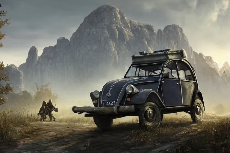 Prompt: offroad citroen 2 cv ( 1 9 6 5 ) of daedric design driving across the rift, daedric axe stored on the side of the car, leather and cloth traveller backpacks on roof, riften city in the background, epic fantasy, autumn, the elder scrolls v : skyrim, dramatic lighting, establishing shot, by simon stalenhag