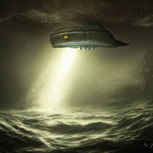 Prompt: a huge eldritch underwater sea monster illuminated by a small submarine spotlight in the depths by Marek Okon, god rays, fantasy art, 4k, HDR, photorealistic, 8k, trending on artstation