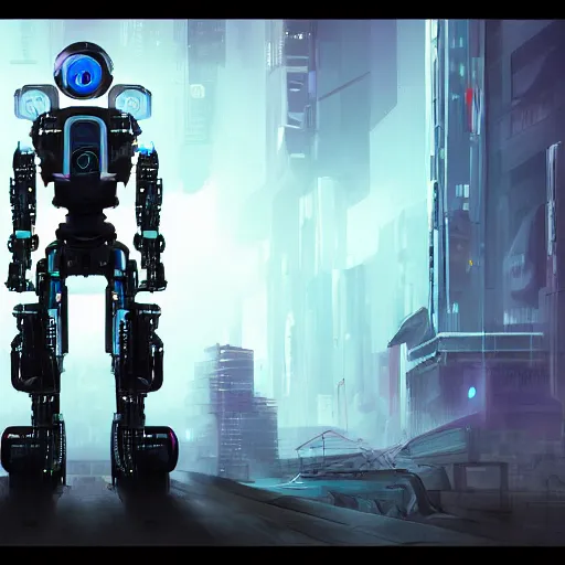 Prompt: An awesome cyberpunk robot concept art. Detailed concept art trending on artstation.
