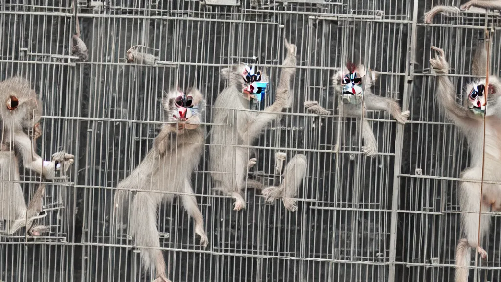 Prompt: High tech monkey's dressed in causal clothes pointing at primitive human's locked in a cage.