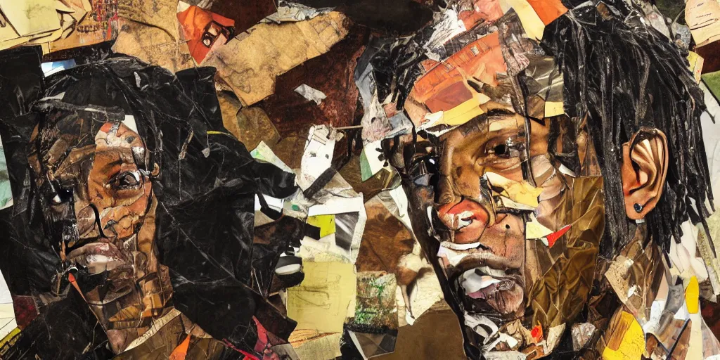 Prompt: rendered in blender travis scott with a trash bag on his head, collage paper and tape, acrylic on canvas, hyperrealism mixed with expressionism, high resolution, cinematic, unreal 6, breathtaking detailed, by blake neubert