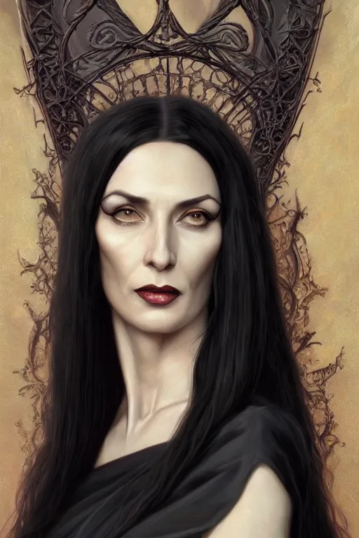 Image similar to ultra realistic illustration, claudia black as morticia addams from baldurs gate and diablo, intricate, elegant, highly detailed, digital painting, artstation, concept art, smooth, sharp focus, illustration, art by artgerm and greg rutkowski and alphonse mucha