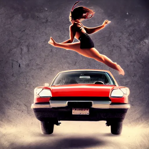 Image similar to car jumping, bodybuilder, woman, holding, photo, digital art, hands, underbody, throw, standing