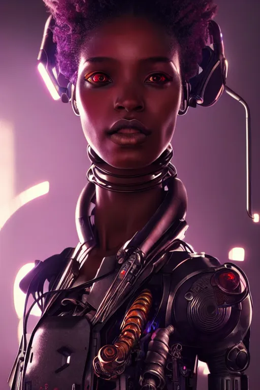 Image similar to ultra realistic, beautiful female african cyborg in a crowded smoky cyberpunk club in space megalopolis, sci - fi, intricate details, eerie, highly detailed, octane render, 8 k, art by artgerm and alphonse mucha and greg rutkowski