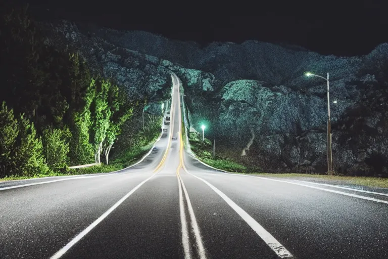 Image similar to looking down road, neighborhood lining the road, hills background with a big creature, mid night, lonely, car light, view of a car