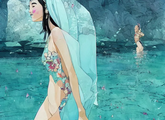 Image similar to lee jin - eun in luxurious dress emerging from turquoise water in egyptian pyramid city during an eclipse by conrad roset, m. k. kaluta, martine johanna, rule of thirds, elegant look, beautiful, chic, face anatomy, cute complexion