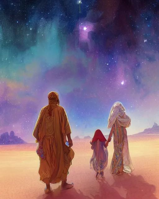 Image similar to bedouin man and woman and child in galaxy walking towards mosque surrounded by nebula, highly detailed, gold filigree, romantic storybook fantasy, soft cinematic lighting, award, disney concept art watercolor illustration by mandy jurgens and alphonse mucha and alena aenami, pastel color palette, featured on artstation