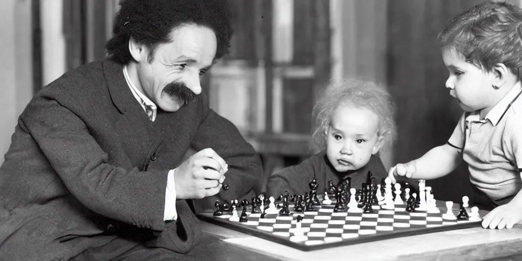 Prompt: a very smart baby playing chess with professor Albert Einstein