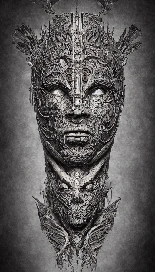 Image similar to ancient biomechanical hybrid slavic thunder god armored head fantasy human angel face mask tattoo pattern concept, glagolitic glyph, intricate artwork by, Johnatan Wayshak, Zdizslaw Beksinski, Artgerm, H.R. Giger, very coherent artwork, cinematic, hyper realism, high detail, octane render, unreal engine, 8k, High contrast, higly detailed black ink outline, crosshatch sketch gradient