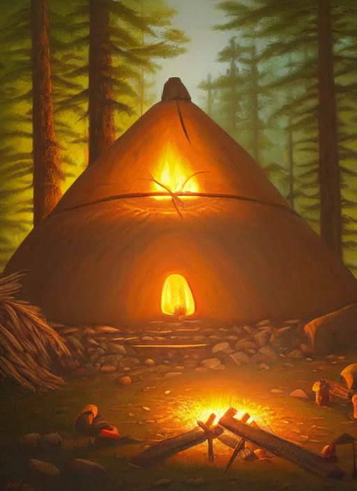 Prompt: a beautiful painting of a round native american sweat lodge hut in a forest near a campfire, matte painting, trending on artstation, art by christophe vacher