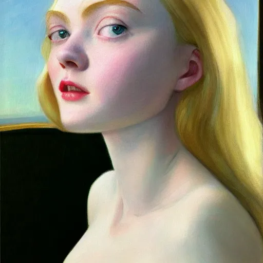 Prompt: Painting of Elle Fanning in the planes of Oblivion, long blonde hair, delicate, pale milky white porcelain skin, by Edward Hopper. 8K. Extremely detailed.