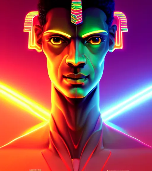 Image similar to symmetry!! egyptian god of technology, solid cube of light, hard edges, product render retro - futuristic poster scifi, lasers and neon circuits, brown skin handsome egyptian god, intricate, elegant, highly detailed, digital painting, artstation, concept art, smooth, sharp focus, illustration, dreamlike, art by artgerm