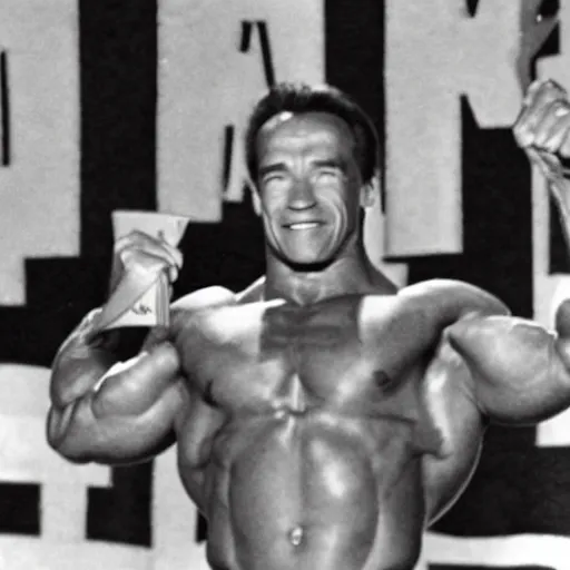 Prompt: Photo of Arnold Schwarzenegger getting a medal at his first bodybuilding competition