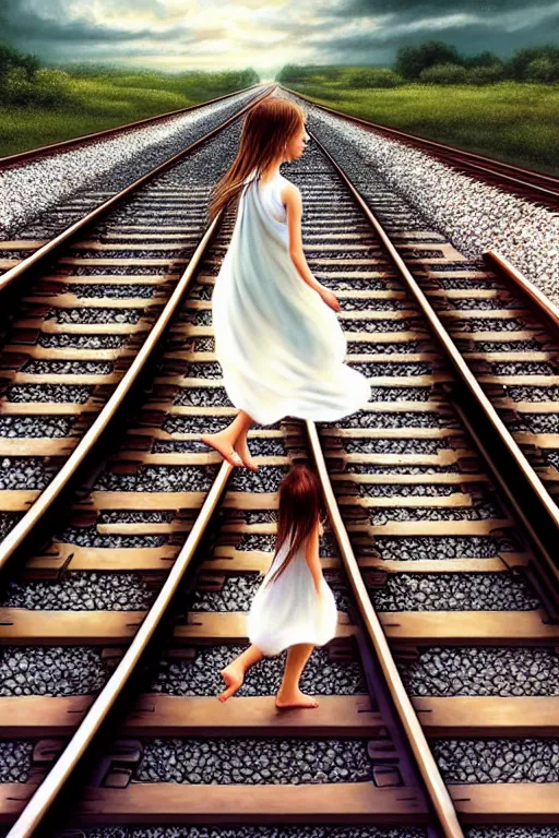 Image similar to a barefoot girl carries her shoes on reflective water and faintly visible submerged train tracks, water covers all the ground, large white clouds on a wide horizon, intricate, elegant, highly detailed, digital photo, artstation, concept art, smooth, sharp focus, low angle photo, art by artgerm and greg rutkowski and fra angelico