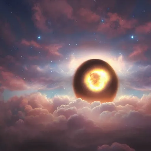 Image similar to atomic nucleus surrounded by clouds, dreamy lighting, digital art, art station