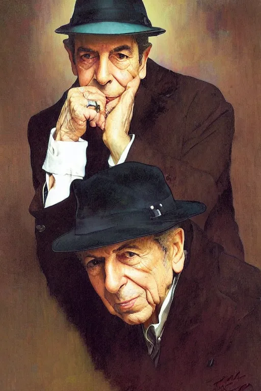 Prompt: Leonard Cohen, wearing a trilby hat, portrait by Stanley Artgerm Lau, greg rutkowski, thomas kindkade, alphonse mucha, loish, norman Rockwell