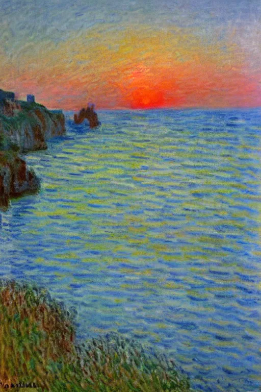 Prompt: es grau menorca beach, painted by monet, sunrise