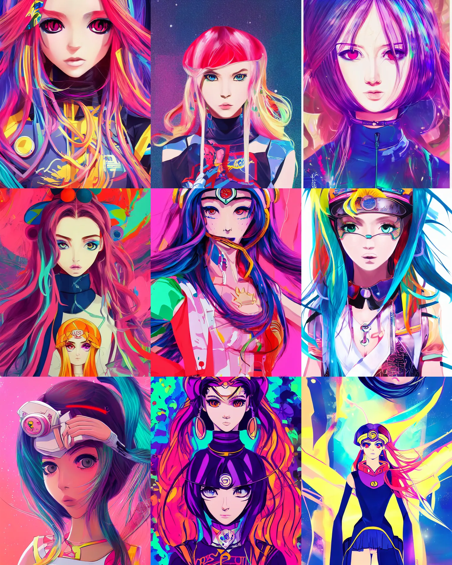 Image similar to poster woman with futuristic streetwear and long hair, colourful, pretty face, intricate eyes, elegant, Anime by Roset Conrad Sailor Moon Kuvshinov Ilya 4k, HDR, Graphic Design, Behance Trending on artstation, award winning