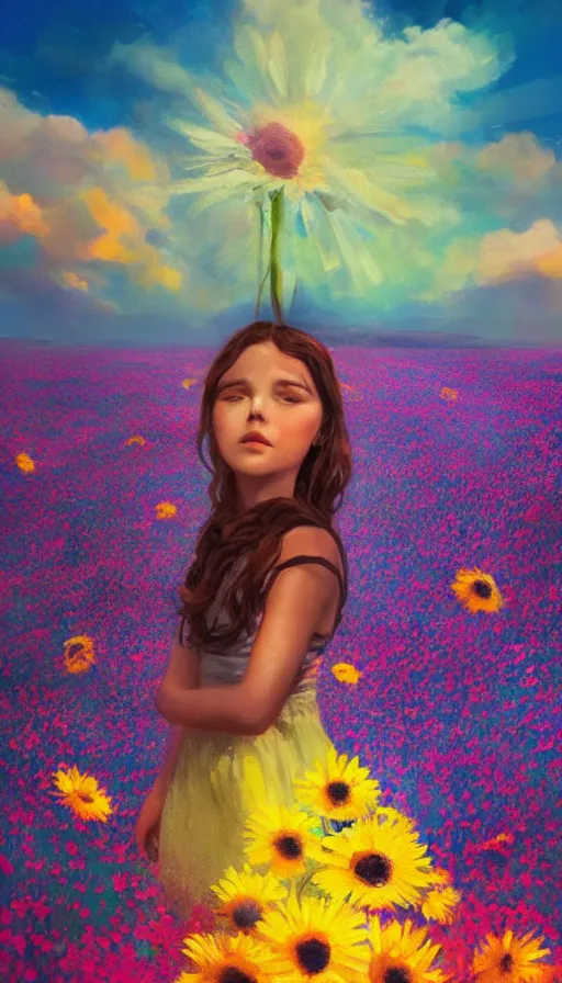 Image similar to girl face made of giant daisies, standing in a flower field, holding flowers, surreal photography, sunset dramatic light, impressionist painting, colorful clouds, large sky, digital painting, artstation, simon stalenhag