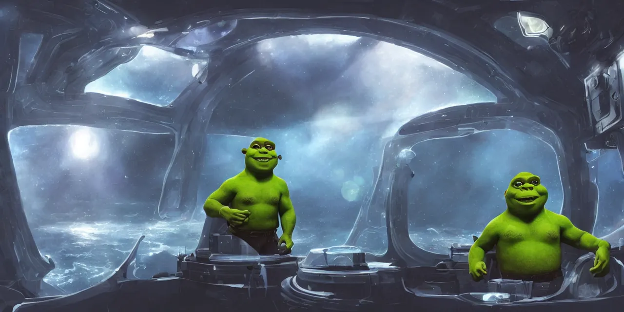 Image similar to Shrek with as a futuristic astronaut, outside large window of ship, helmet with clear HUD shield and led lights, underwater in the ocean at night, dark water, volumetric lighting, glowing lights, 4k, octane, digital painting, artstation, concept art, sharp focus, illustration, high contrast, high saturation , cinematic film still, art by artgerm and greg rutkowski and alphonse mucha , wide angle view,