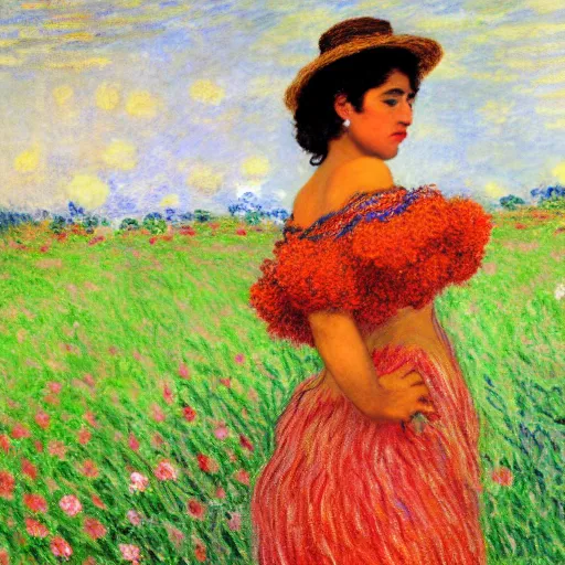 Image similar to beautiful tan mexican woman, full body, dancing in a field of roses and many other exotic flowers, prominent rosy cheek bones, black hair and brown eyes, monet and da vinchi art style,