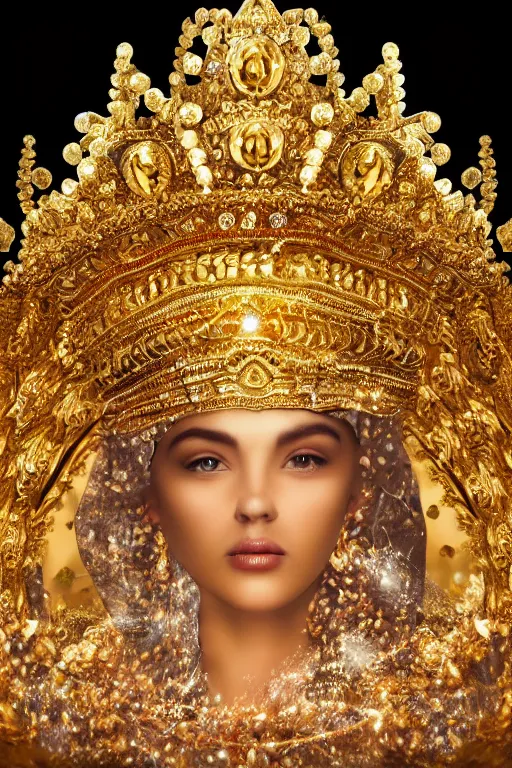 Image similar to beautiful face, gold ornaments around face, crown, flowers in the background, gold beam behind, cinematic lighting, hyper realism,