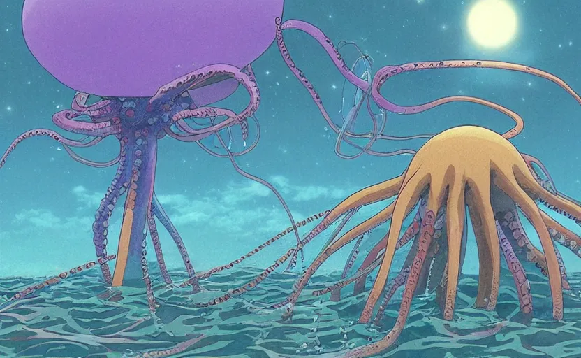 Prompt: a realistic cell - shaded studio ghibli concept art from paprika ( 2 0 0 6 ) of a flying multi - colored octopus from close encounters of the third kind ( 1 9 7 7 ) and dimensional portal to another world above a flooded white pyramid on a misty starry night. very dull colors, wide shot, hd, 4 k, hq