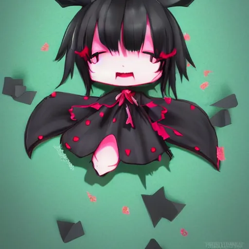 Image similar to cute fumo plush of a void imp who crawled out a hole in reality, anime girl, black and red, green ribbon and heart, ruffled and tattered dress, symmetry, gothic, melting crayons, glow, vray