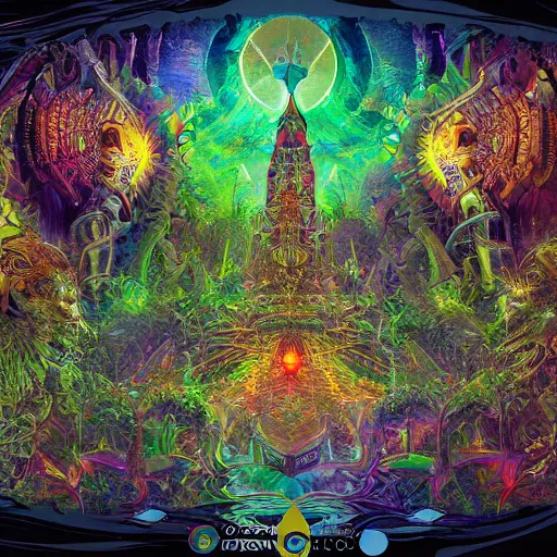 Prompt: techno earth plaza with a divine jungle of deities and peoples living together in harmony created by android jones, vector painted by pablo amaringo