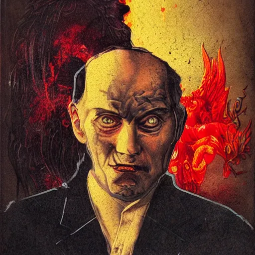 Image similar to portrait of alexander abdulov, with a red eyes, satanic body, head of old man, in blood of sinners, hellish style