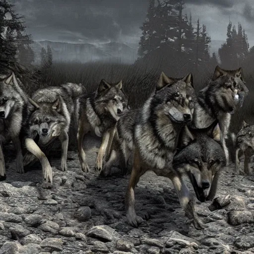 Prompt: a pack of wolves surrounding a scavenger in escape from tarkov, highly detailed digital painting