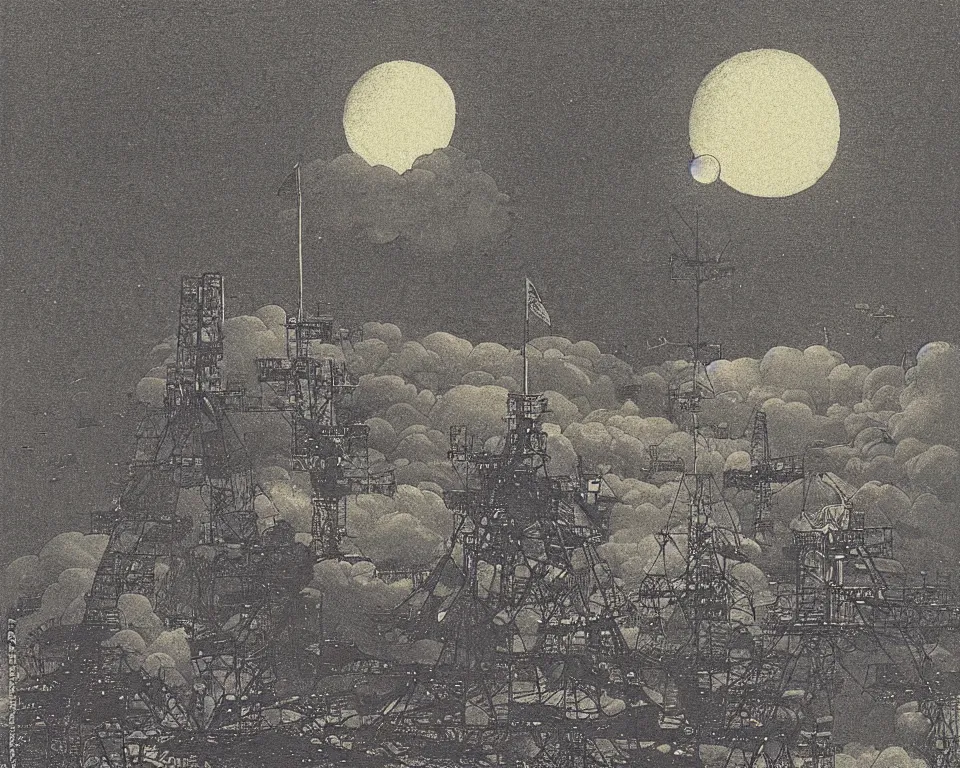 Prompt: achingly beautiful print the Apollo-Soyuz rendezvous, bathed in moonlight, by Hasui Kawase and Lyonel Feininger.