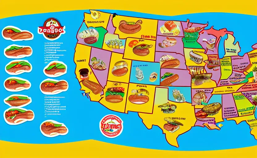 Image similar to hot dogs across america map, detailed, map key, tourist map, brochure