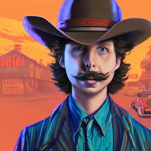 Image similar to a detailed portrait of michael cera as an old west villain, long twirling moustache, by dan mumford, yusuke murata, makoto shinkai, ross tran, cosmic, heavenly, god rays, intricate detail, cinematic, 8 k, cel shaded, unreal engine, featured on artstation, pixiv