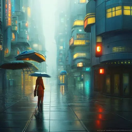 Prompt: rainy day in a futuristic city, unreal 5 render, studio ghibli, tim hildebrandt, digital art, octane render, beautiful composition, trending on artstation, award - winning photograph, masterpiece