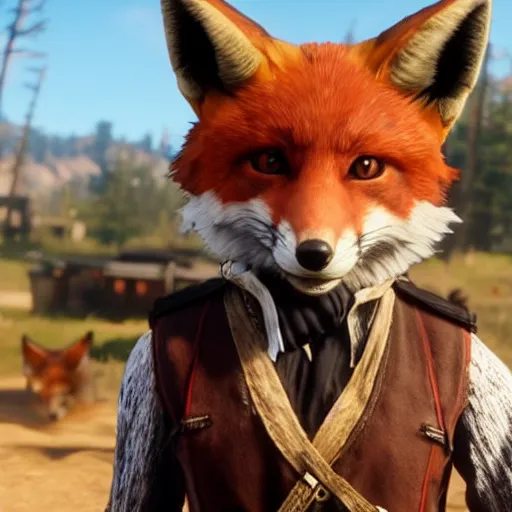 Prompt: video game screenshot of an anthropomorphic fox wearing western clothing as a character in red dead redemption 2